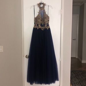 A navy blue and gold PROM DRESS!!!